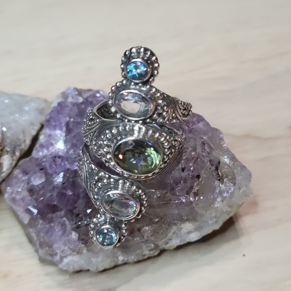Sterling Silver Multi-Stone Statement Ring with Green and Blue Gemstones